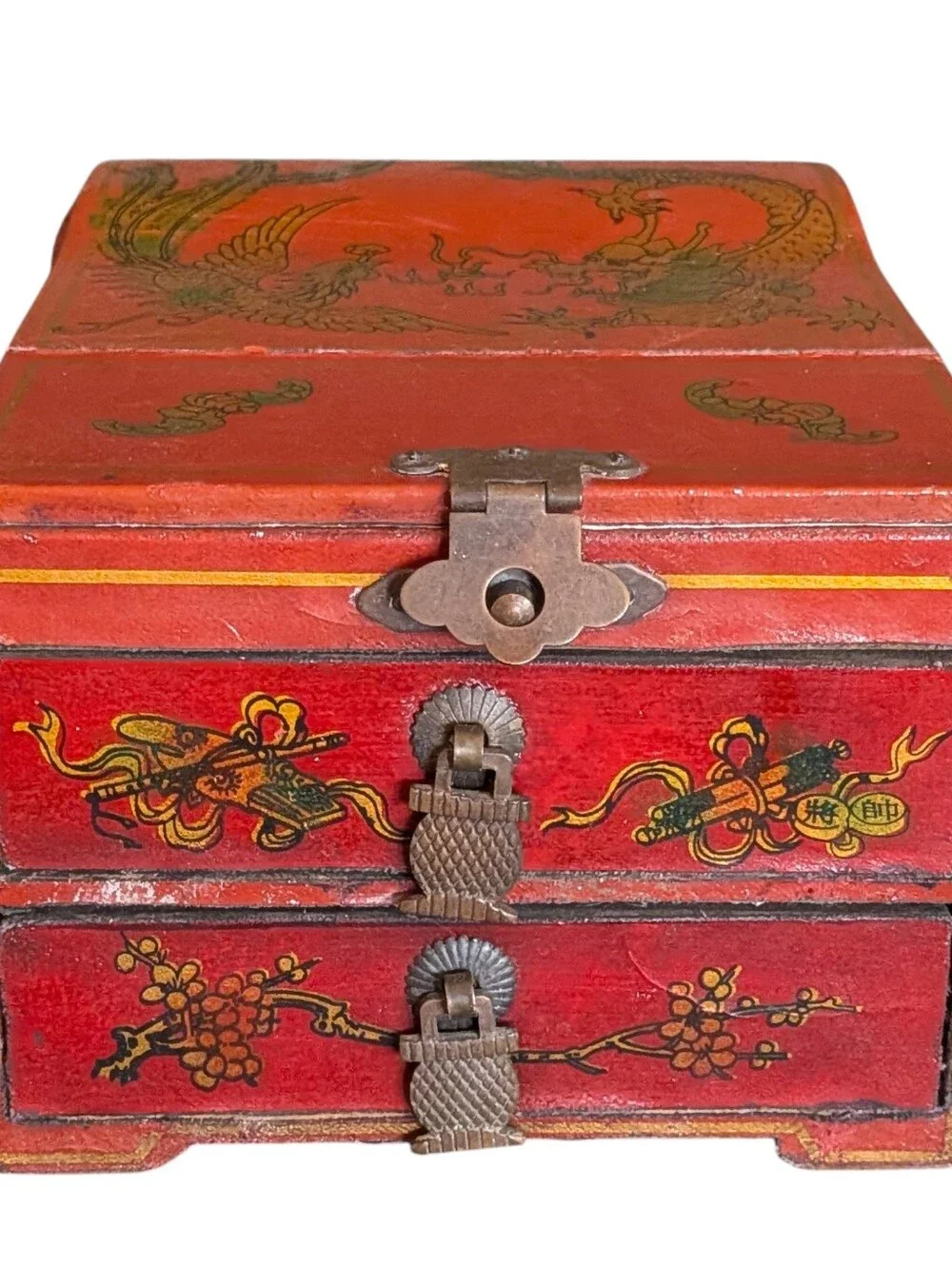 Vintage Antique Chinese Red Jewelry Box Folding Vanity Mirror 2 Drawers